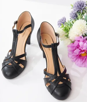 Unique Vintage 1920s Black Leatherette Woven T-Strap Heels