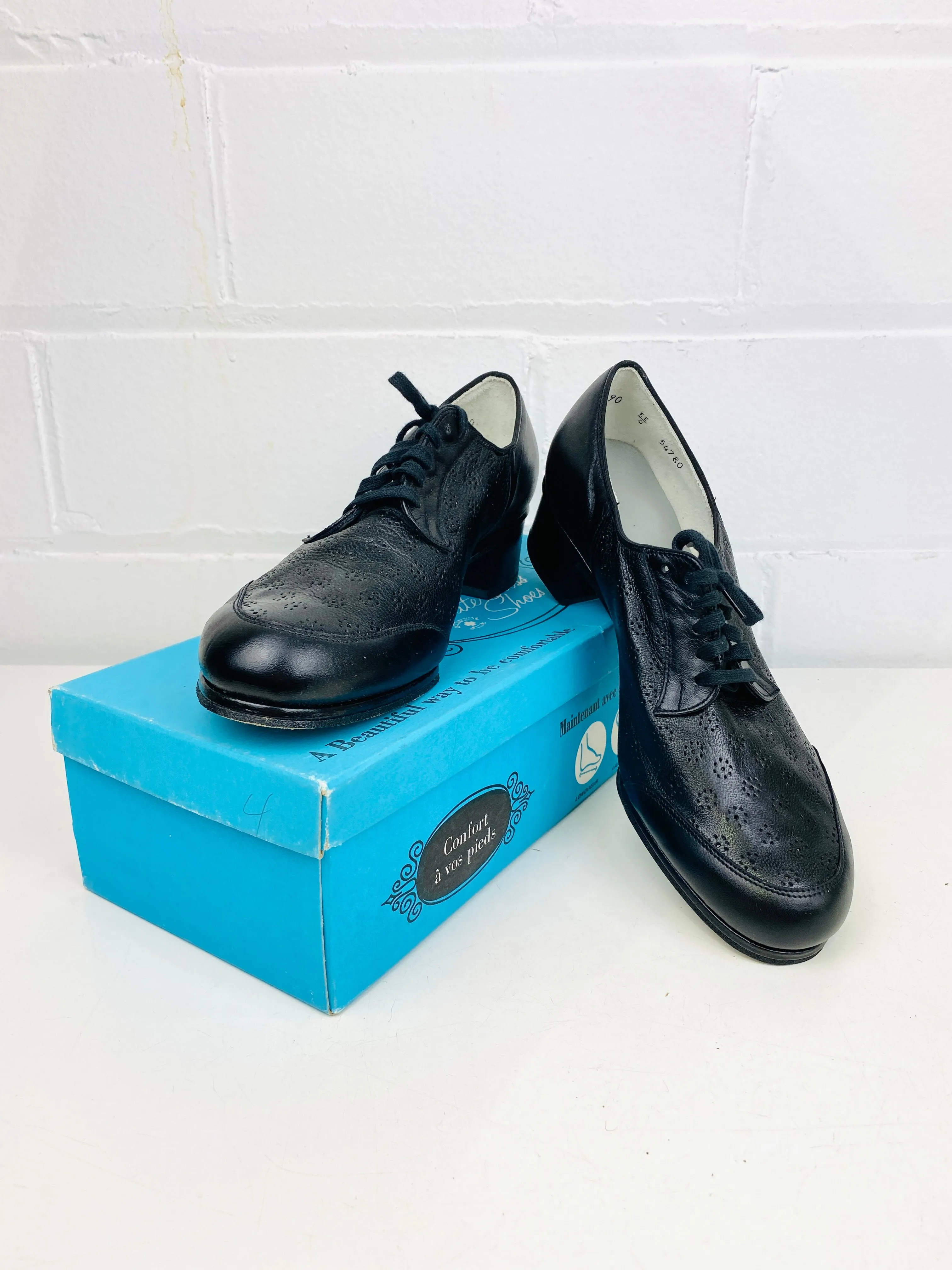 Vintage Deadstock Shoes, Women's 1980s Black Leather Cuban Heel Oxfords, NOS, 1616