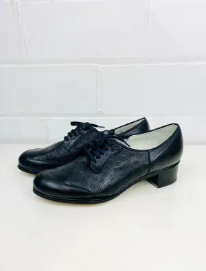 Vintage Deadstock Shoes, Women's 1980s Black Leather Cuban Heel Oxfords, NOS, 1616