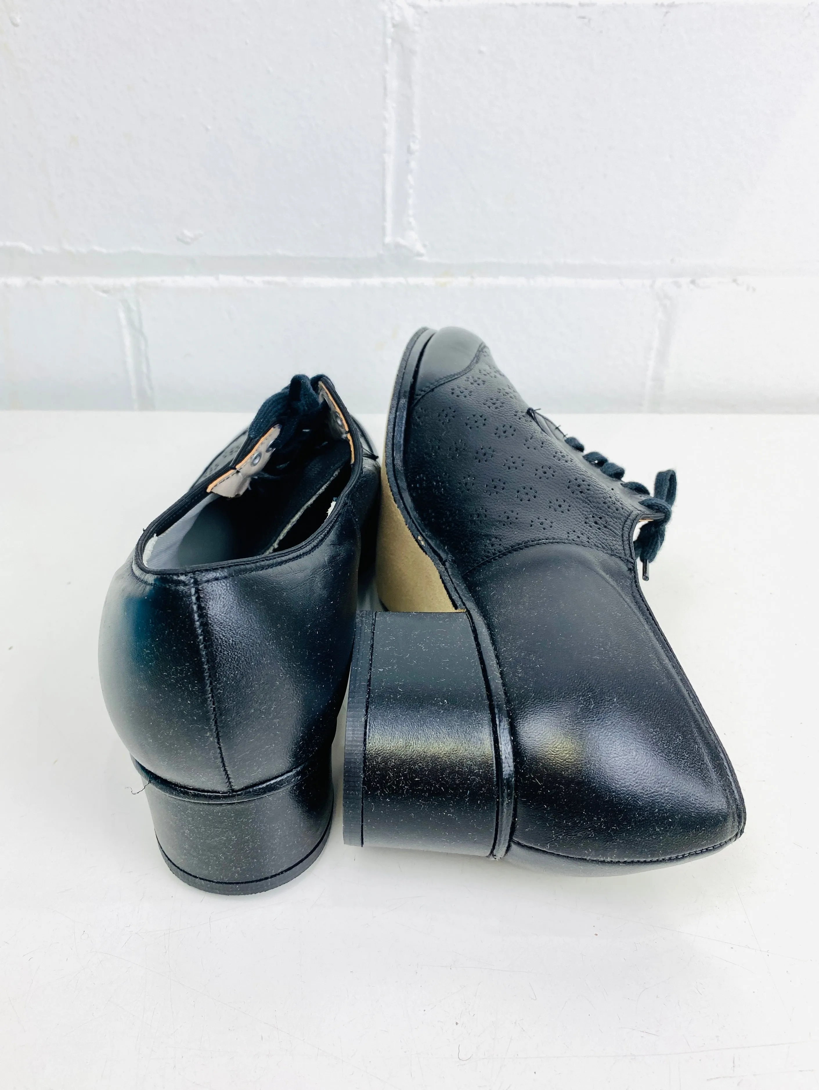 Vintage Deadstock Shoes, Women's 1980s Black Leather Cuban Heel Oxfords, NOS, 1616