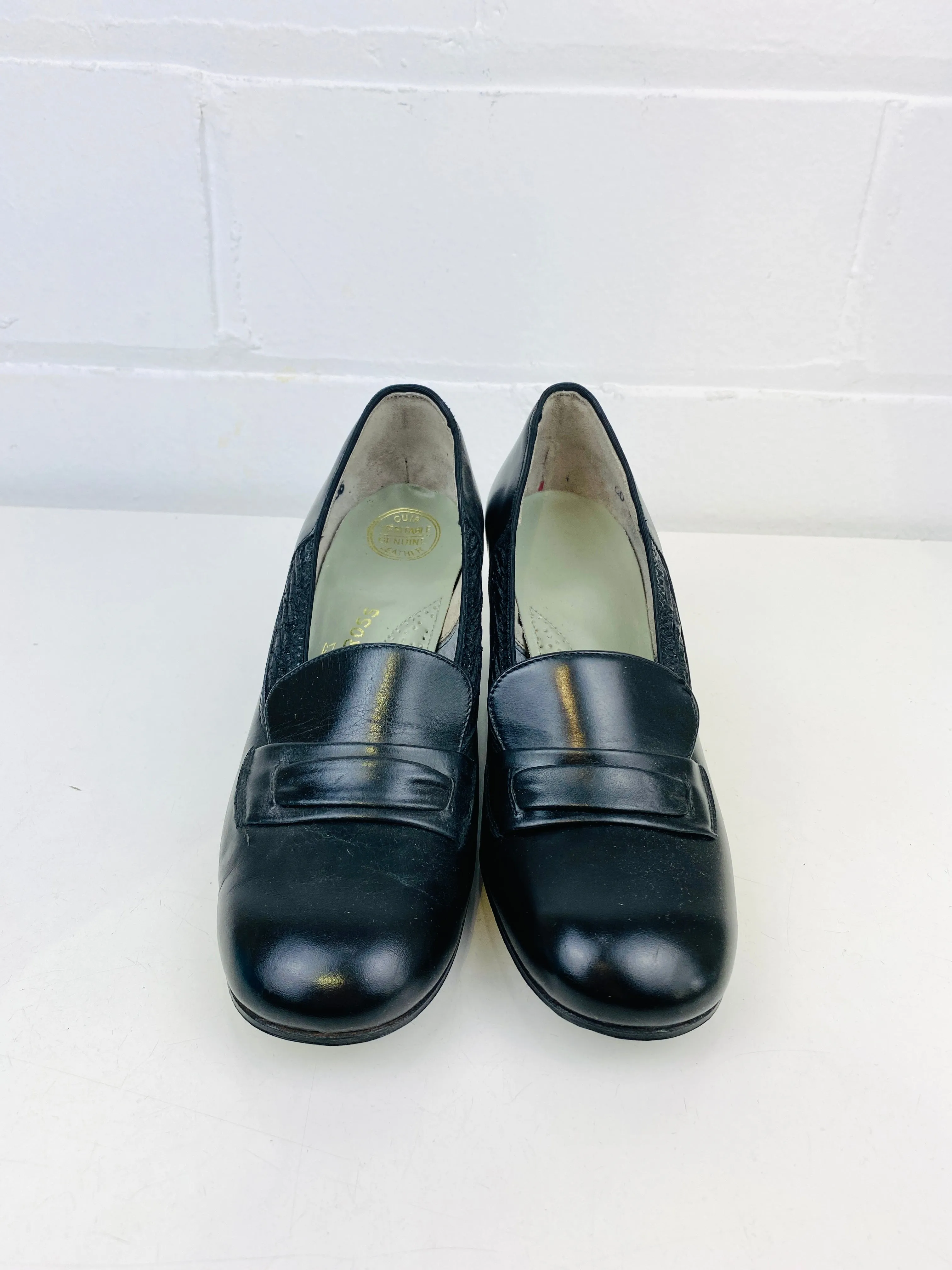 Vintage Deadstock Shoes, Women's 1980s Black Leather Cuban Heel Pumps, NOS, 7740