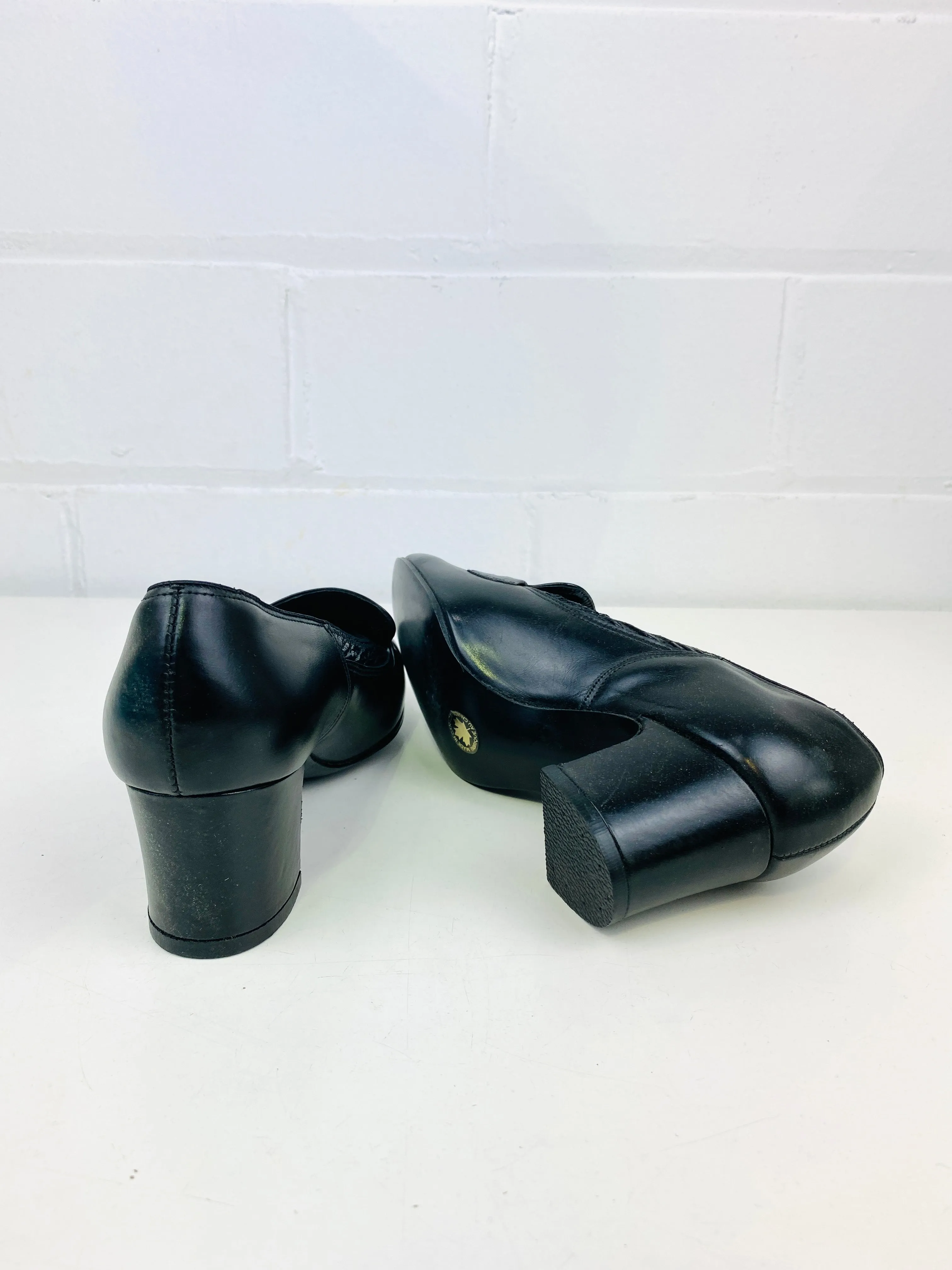 Vintage Deadstock Shoes, Women's 1980s Black Leather Cuban Heel Pumps, NOS, 7740