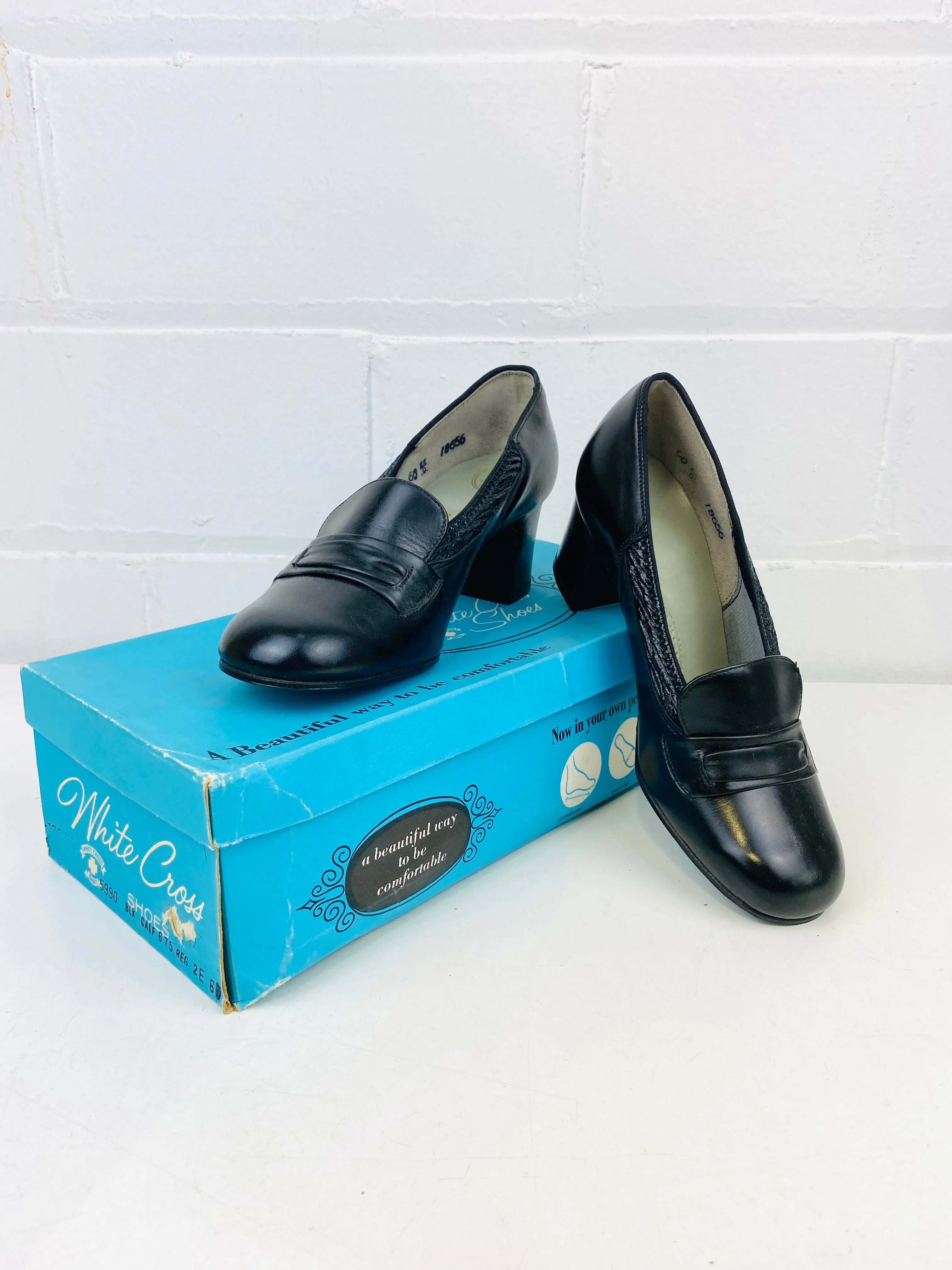 Vintage Deadstock Shoes, Women's 1980s Black Leather Cuban Heel Pumps, NOS, 7740