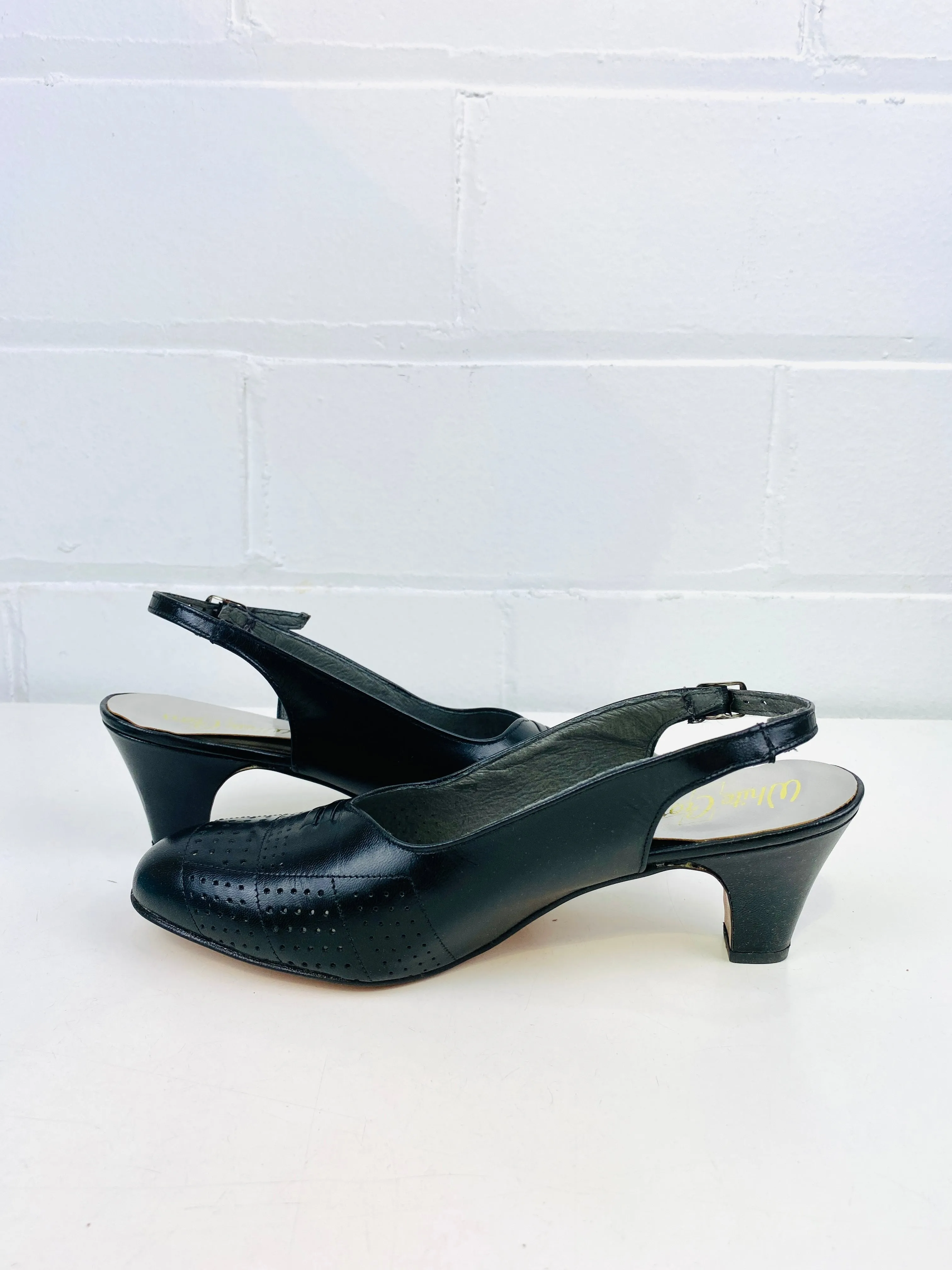 Vintage Deadstock Shoes, Women's 1980s Black Leather Mid-Heel Sling-Back Pumps, NOS, 8577