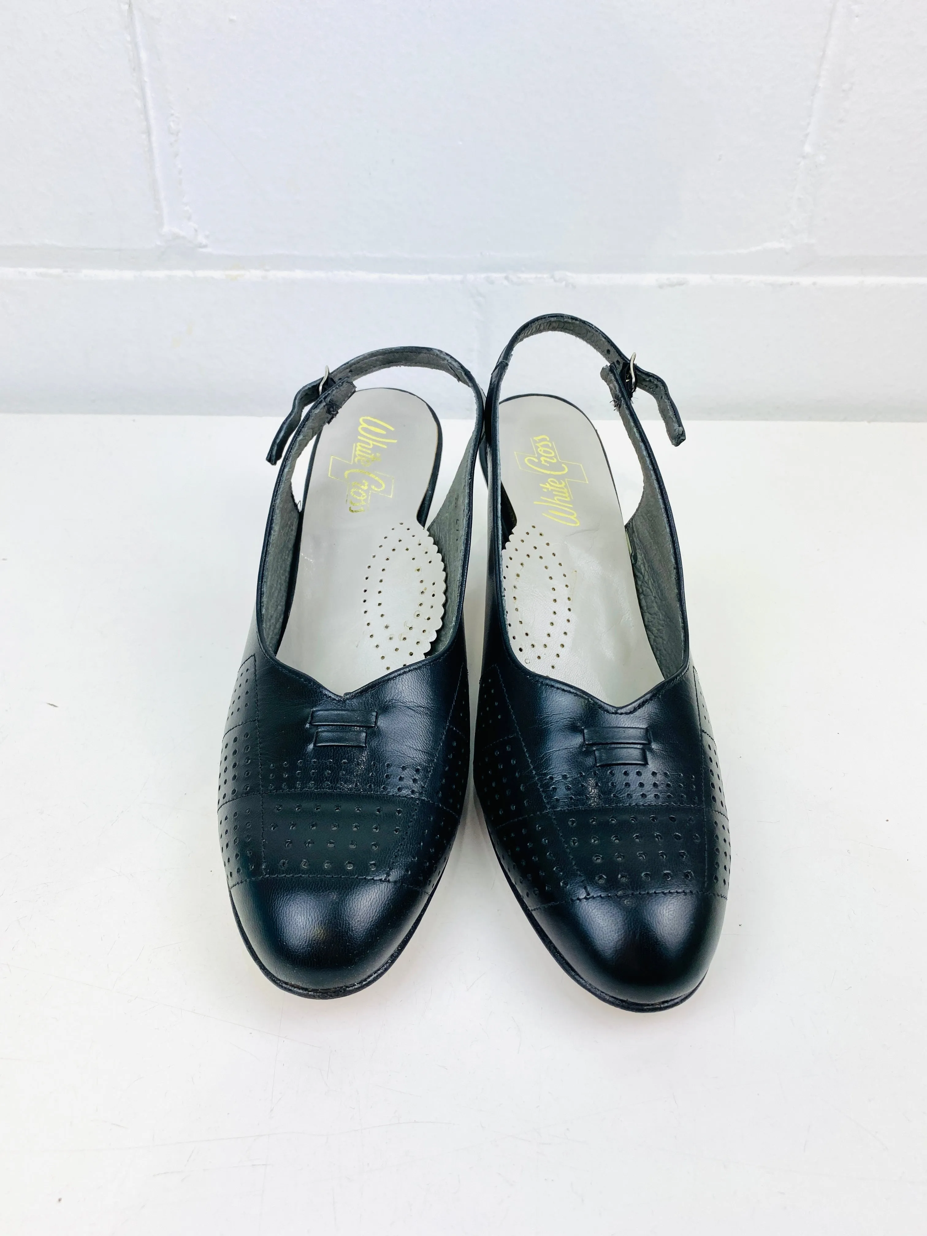 Vintage Deadstock Shoes, Women's 1980s Black Leather Mid-Heel Sling-Back Pumps, NOS, 8577