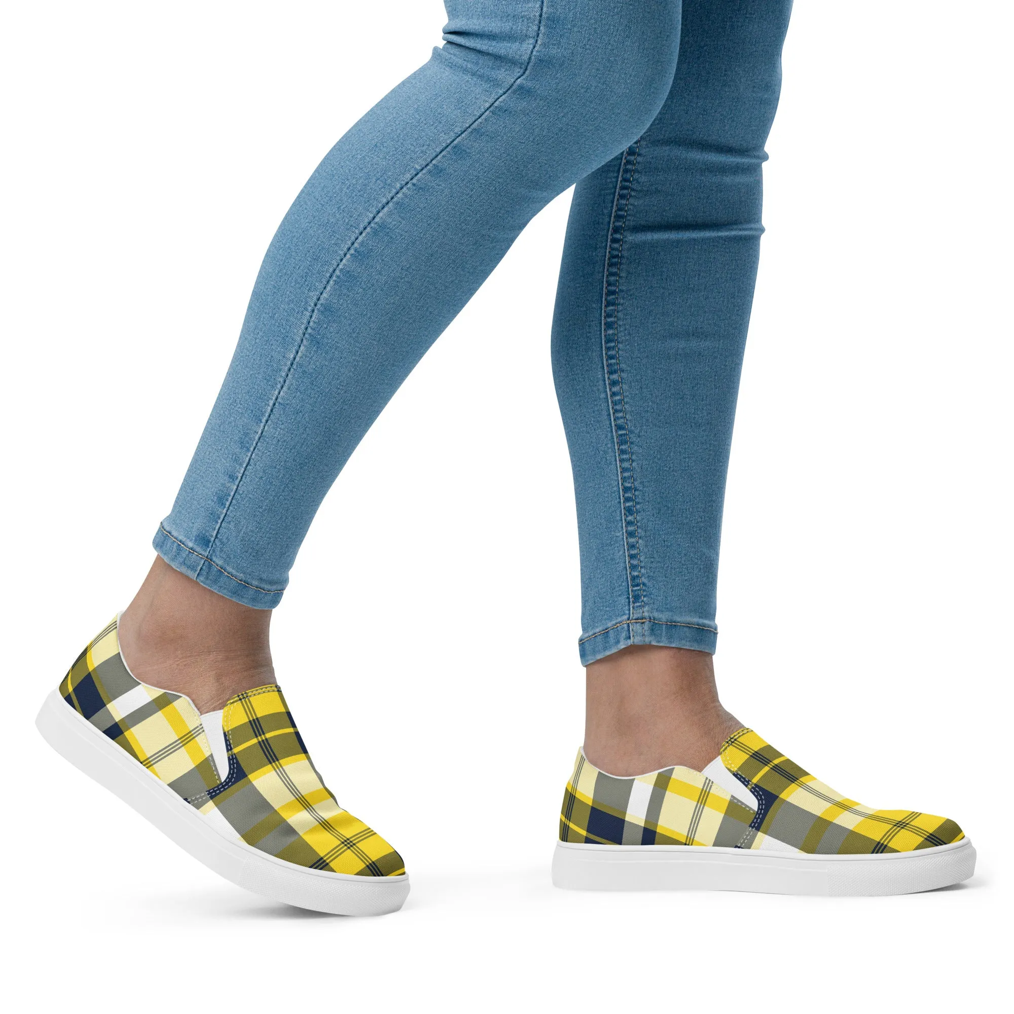 Yellow and Navy Blue Preppy Surfer Plaid Women's Slip On Canvas Shoes