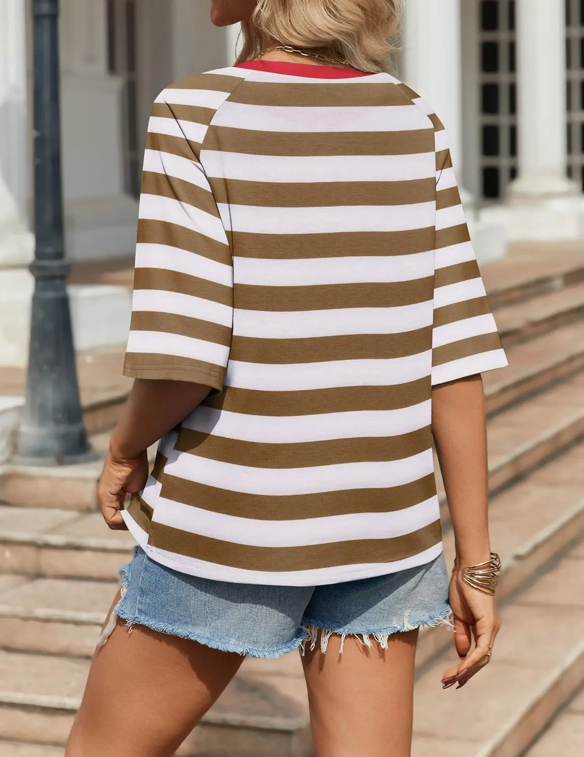 Zeagoo Oversized Loose Fit Short Sleeve Striped Tops