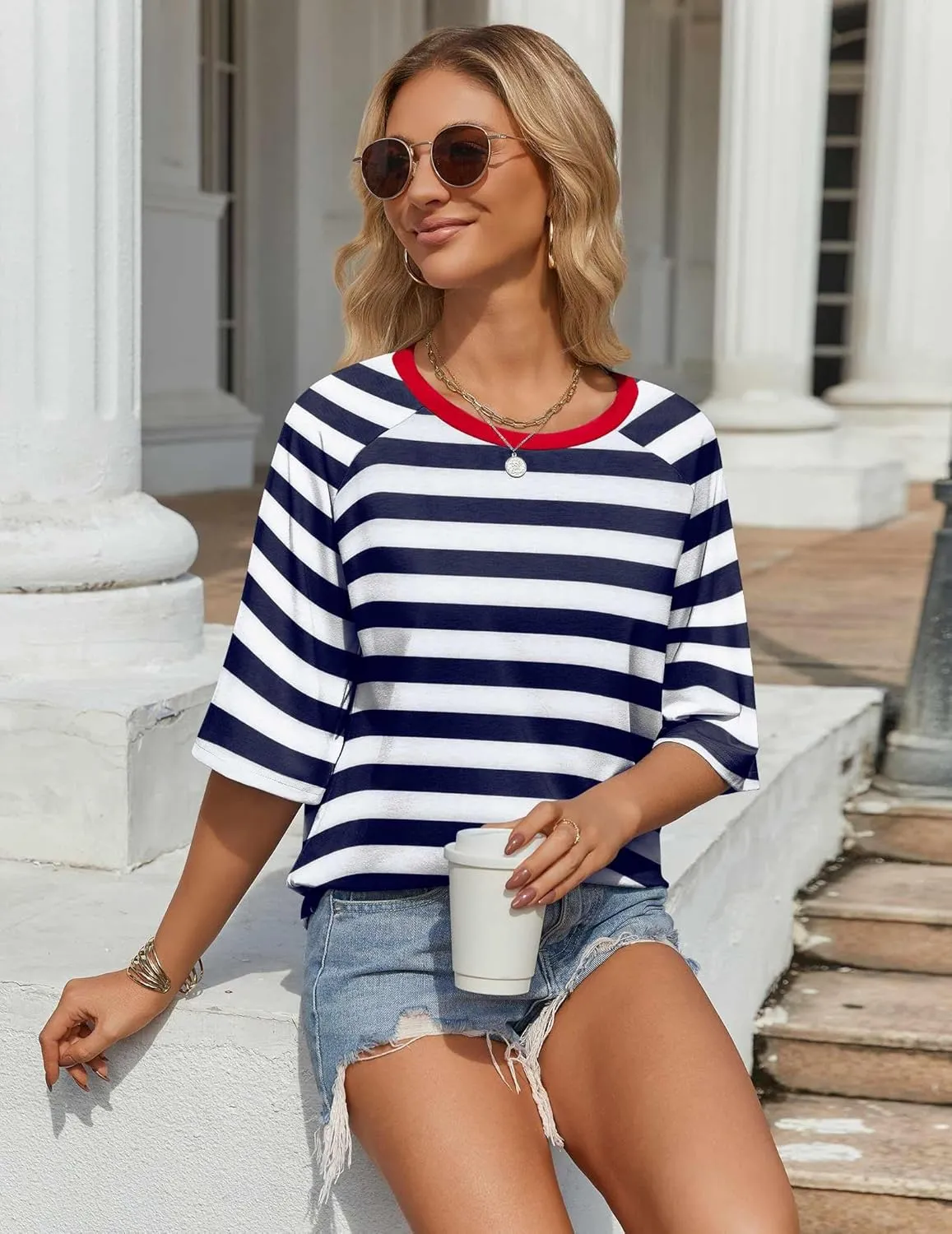 Zeagoo Oversized Loose Fit Short Sleeve Striped Tops